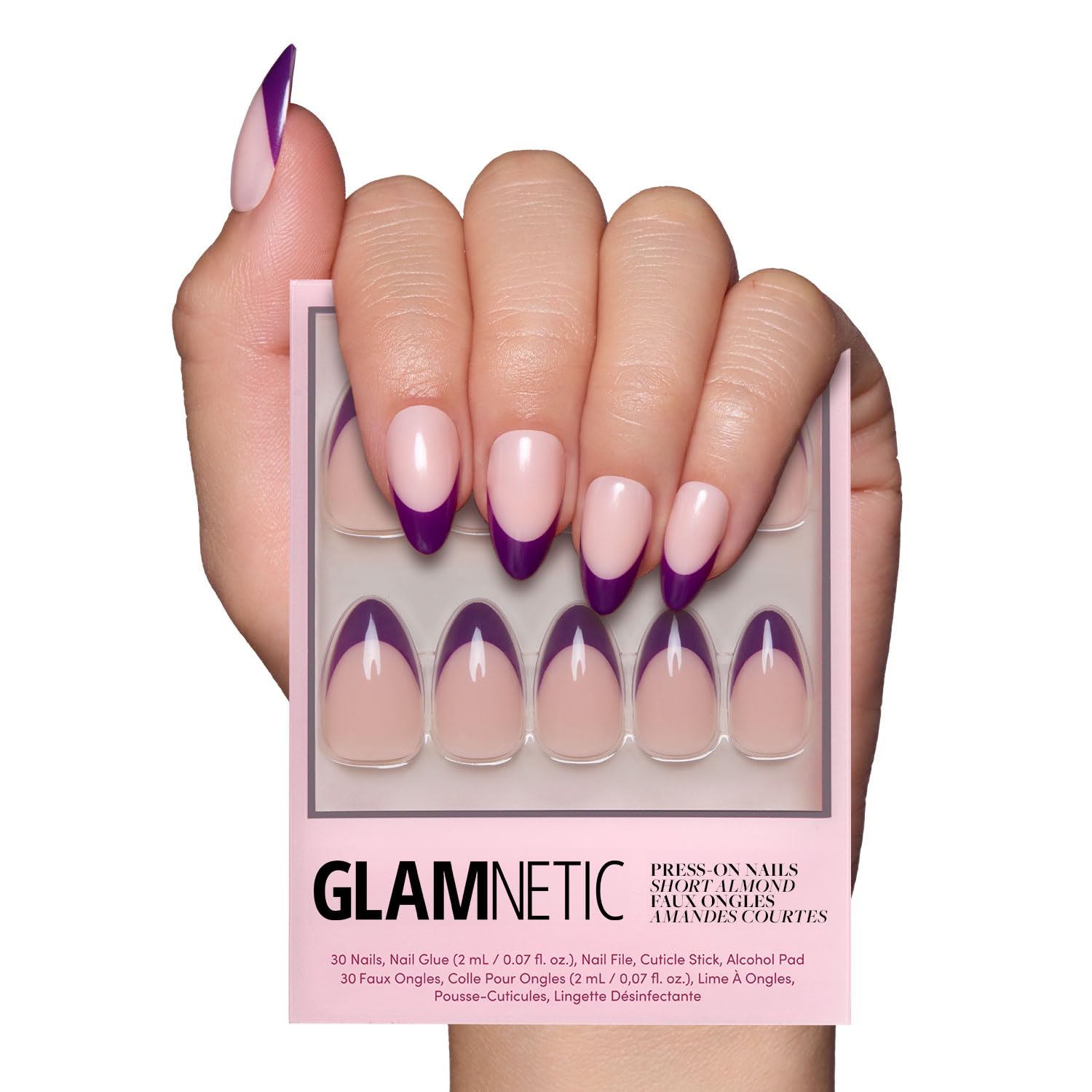 Glamnetic Plum onglets pressés avec ombre et pointe française élégante pour un look soigné.