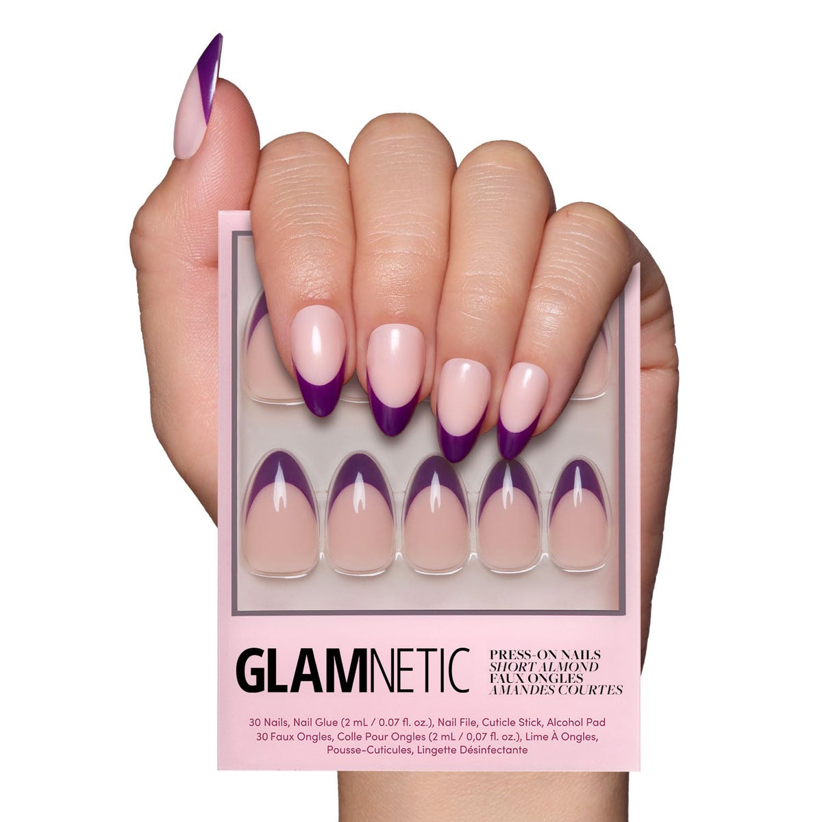 Glamnetic Plum onglets pressés avec ombre et pointe française élégante pour un look soigné.