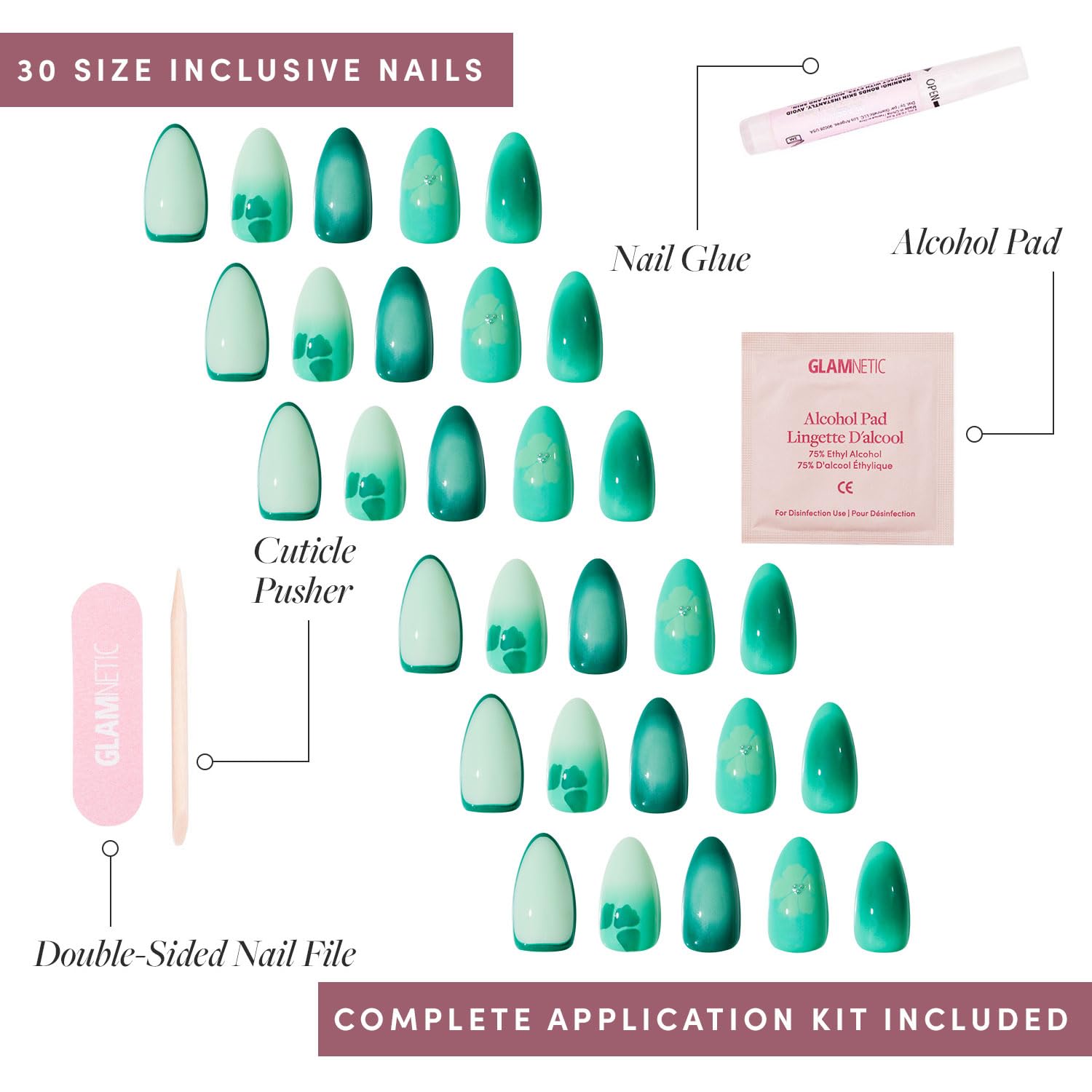 Glamnetic Siren Green kit de 30 ongles pour ajustement personnalisé.