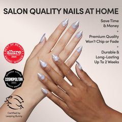 Glamnetic pale blue velvet finish nails with smooth, sophisticated texture.