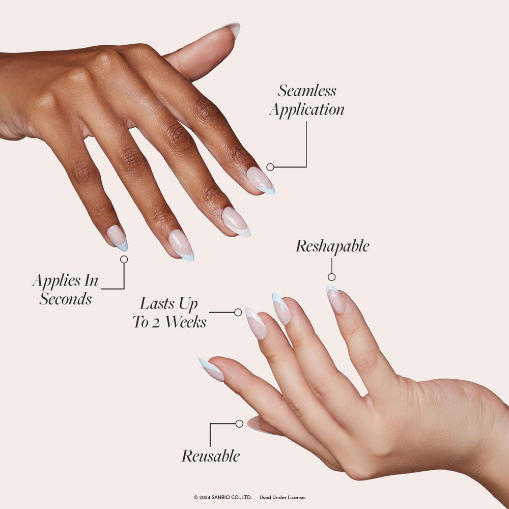 Glamnetic short almond nails with blue-white French tips.