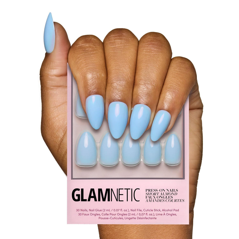 Glamnetic Soft Blue nails with glossy finish for a quick polished look