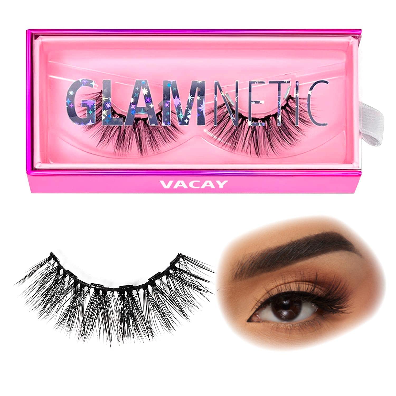 Glamnetic Vacay long dramatic round lashes for a bold magnetic look.