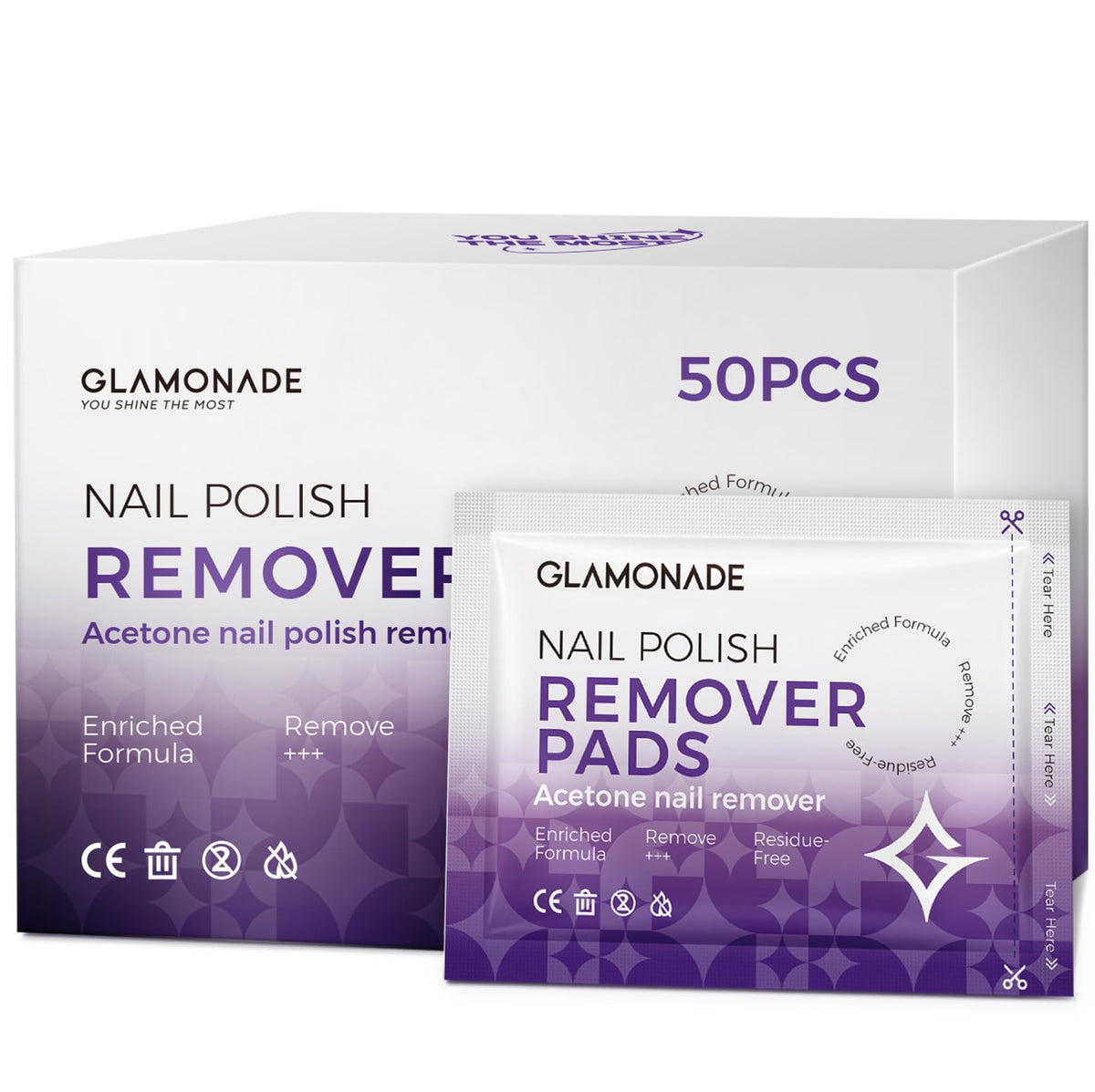 Glamonade tampons démaquillants ongles 50-pack emballage pratique et propre.