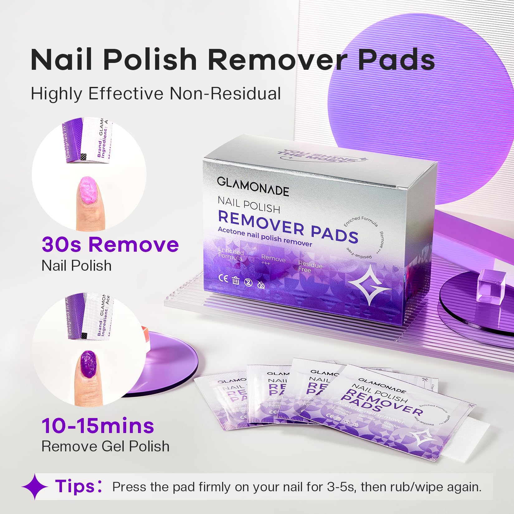 Glamonade tampons démaquillants ongles format portable pour voyager et retouches rapides.
