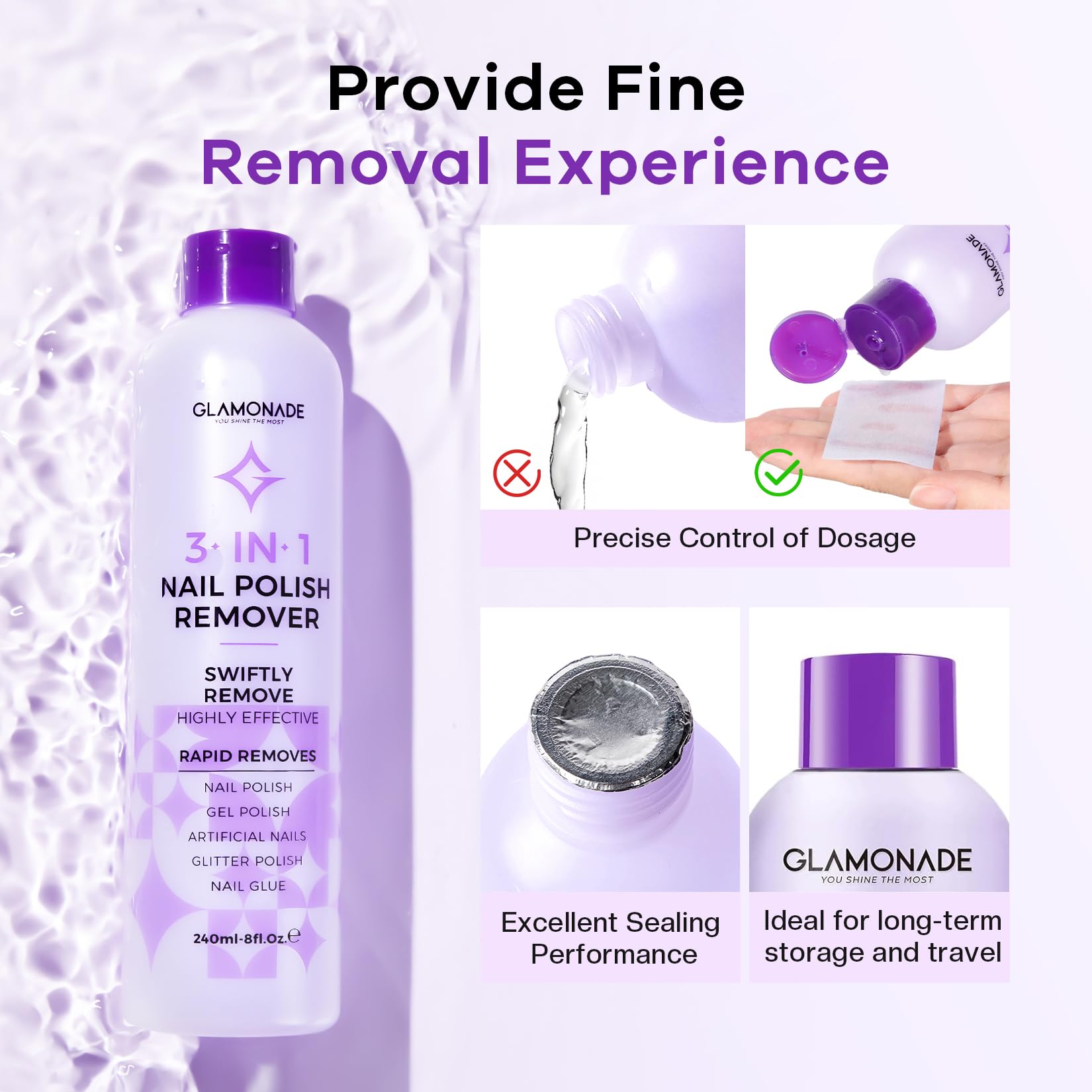 Glamonade utilisation rapide 15–20 min – retrait polyvalent du vernis et gel