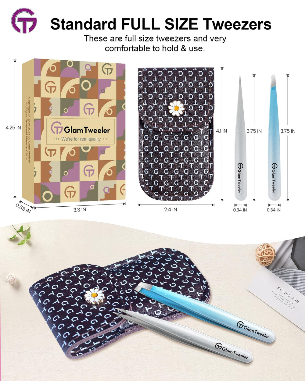 GlamTweeler acier inoxydable mat, durabilité et douceur pour la peau au quotidien.