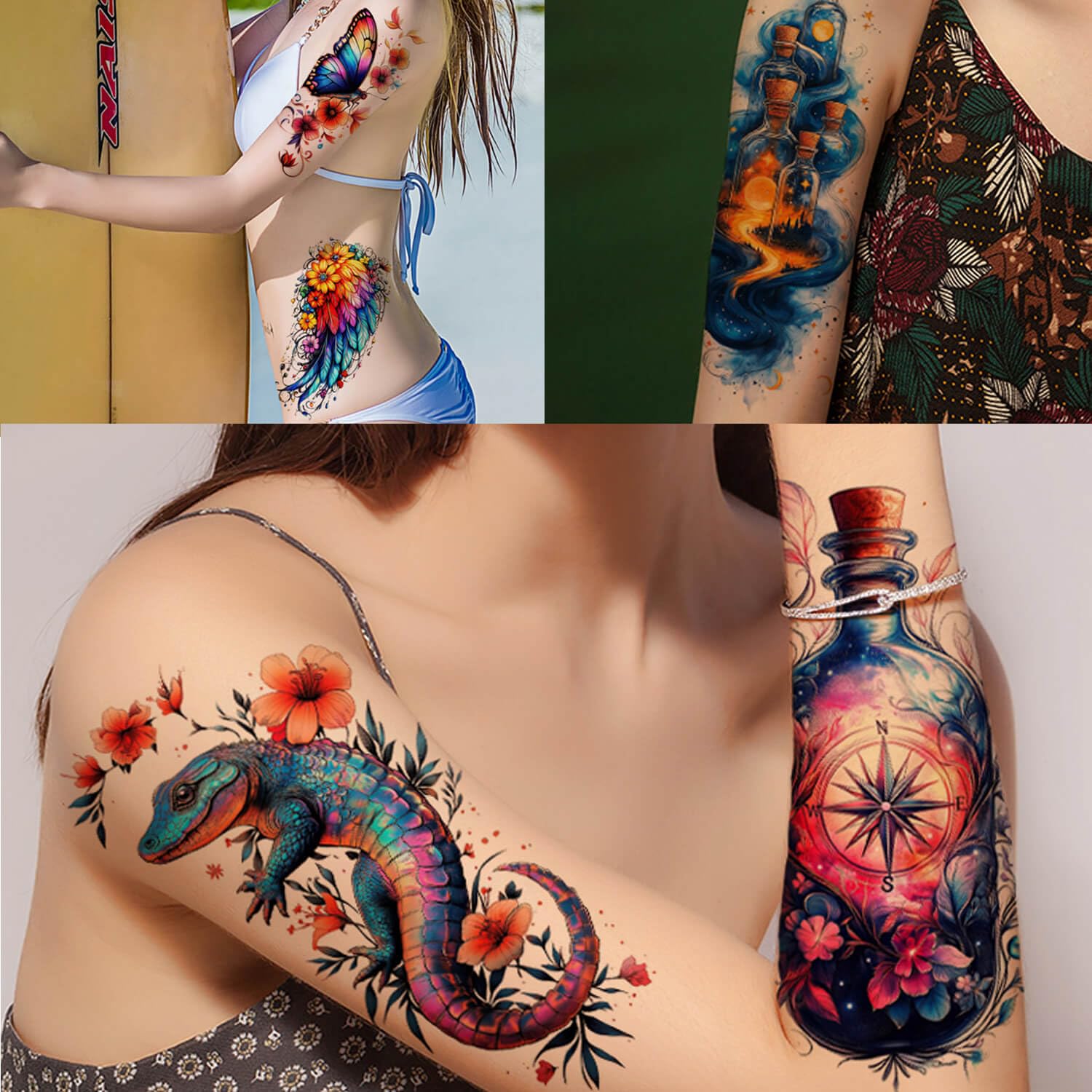 Tatouage temporaire Glaryyears: fleurs colorées pour une fête lumineuse.