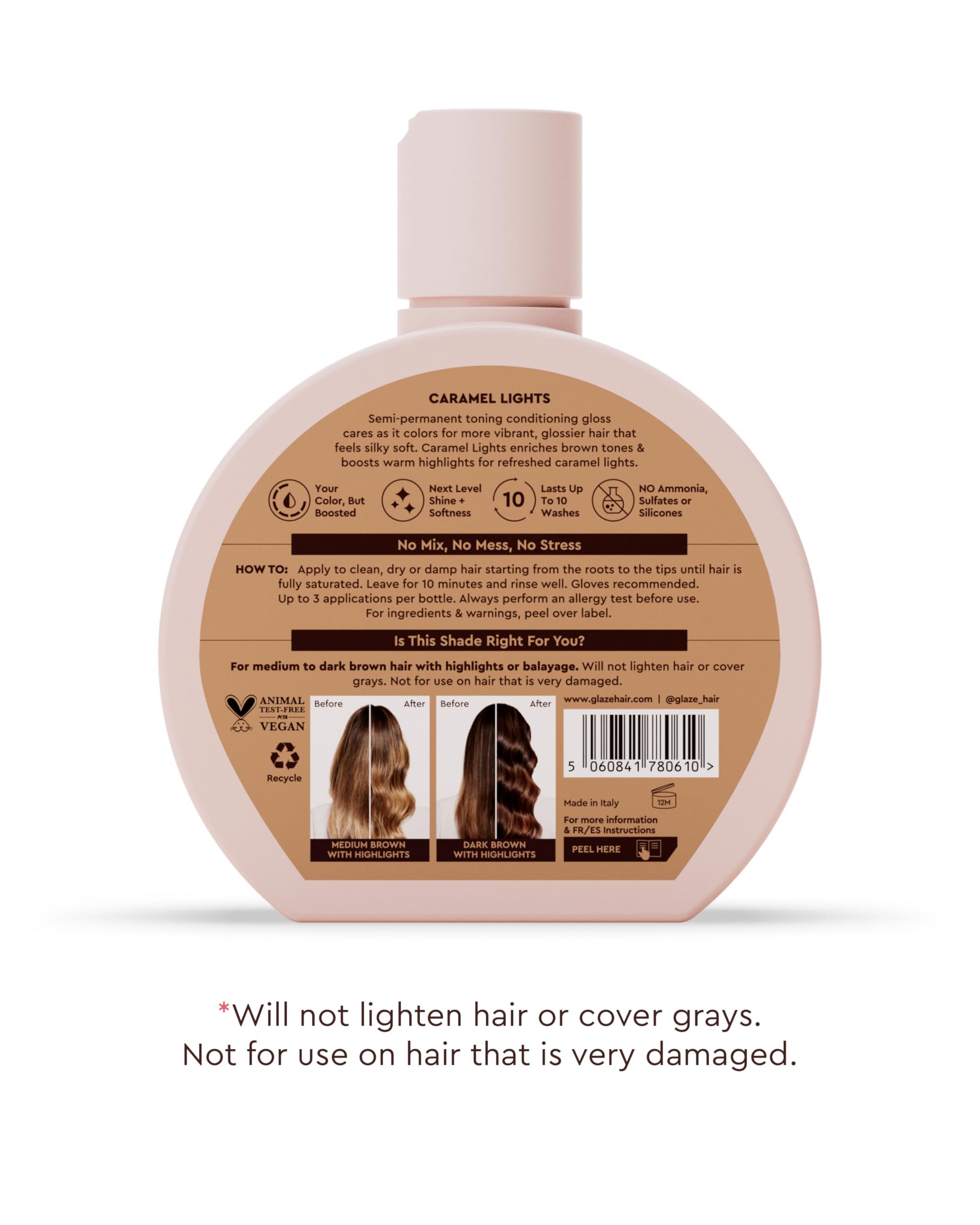 Glaze Super Gloss Caramel Lights – avant/après : couleur plus vibrante possible.