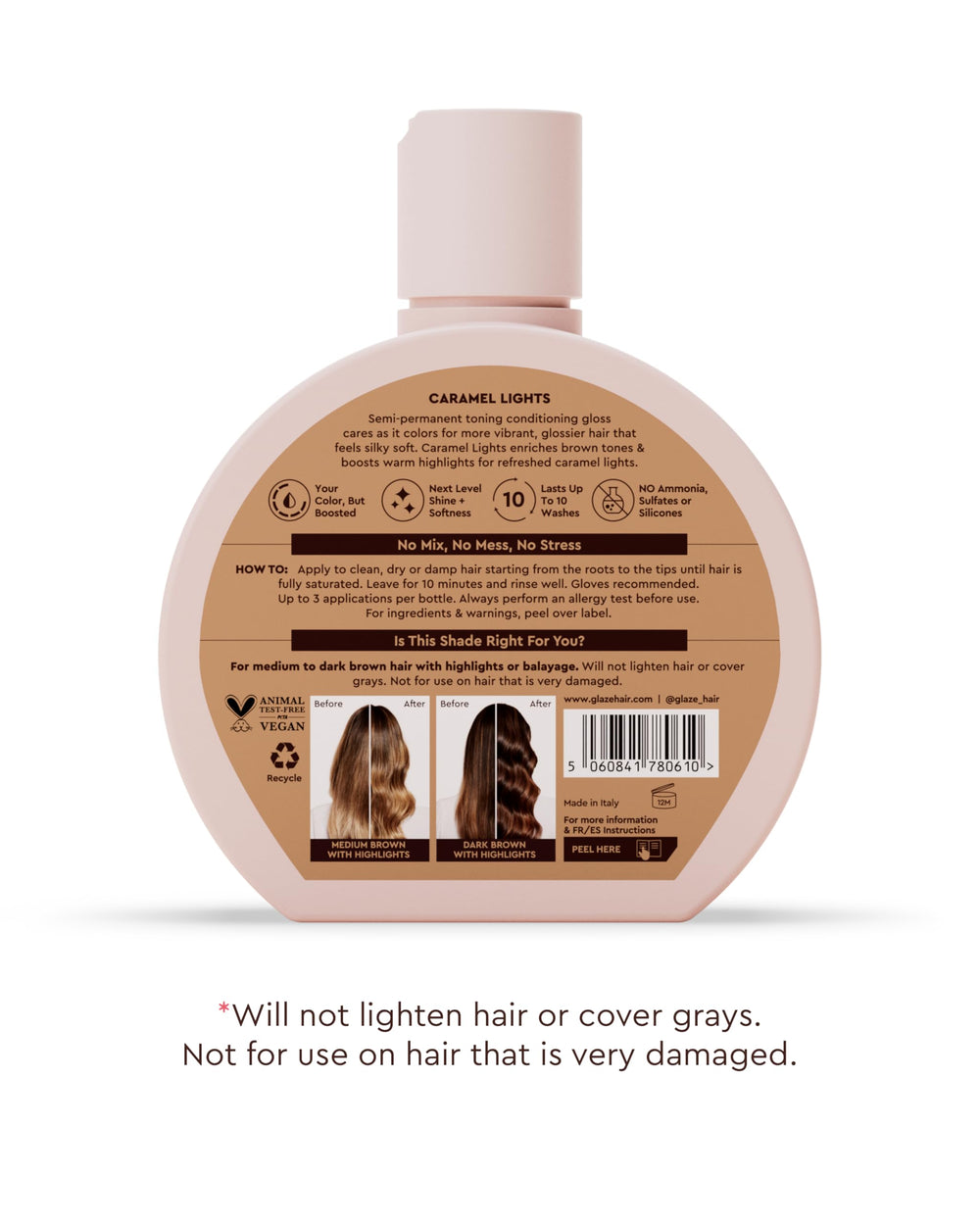 Glaze Super Gloss Caramel Lights – avant/après : couleur plus vibrante possible.