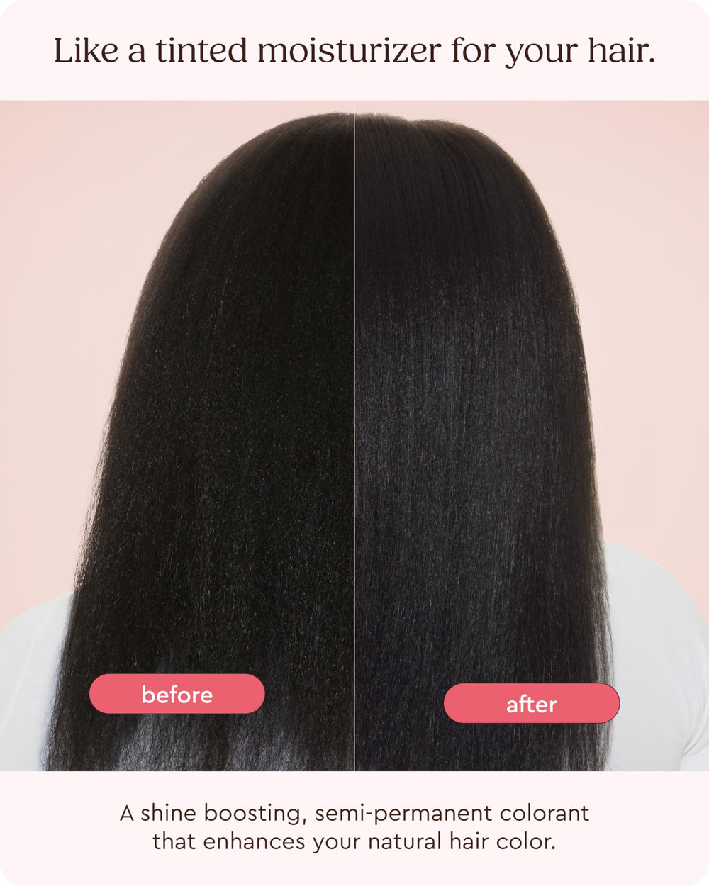 La teinte ébène bleu-noir de Glaze Supergloss apparaît sur cheveux naturels.
