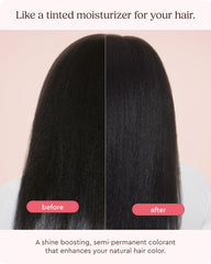 La teinte ébène bleu-noir de Glaze Supergloss apparaît sur cheveux naturels.
