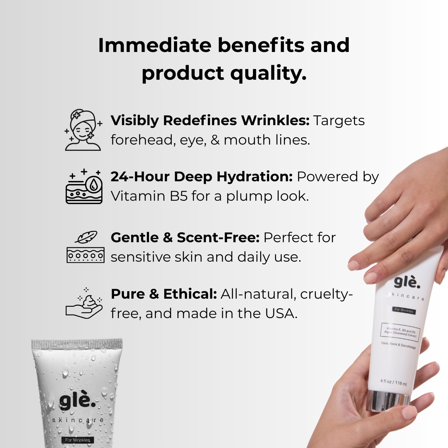 Gle Skincare bouteille crème hydratante, douceur quotidienne et soin non parfumé