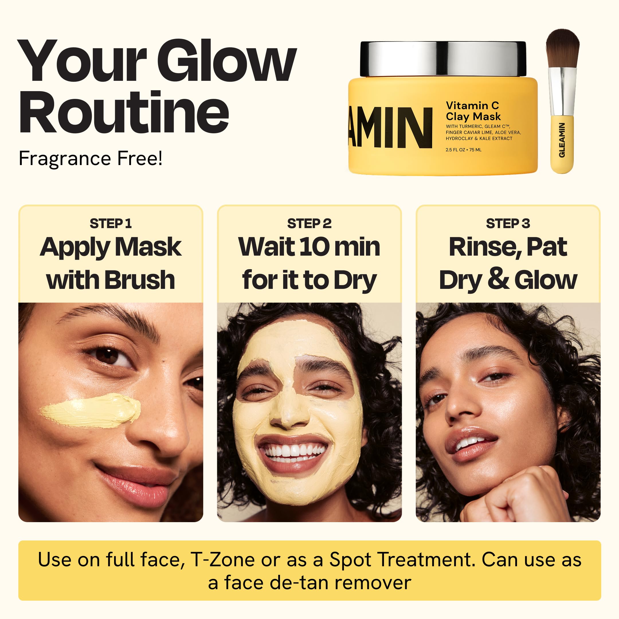 Gleamin Temps Attente Dix Minutes: peau plus lumineuse après l’application.