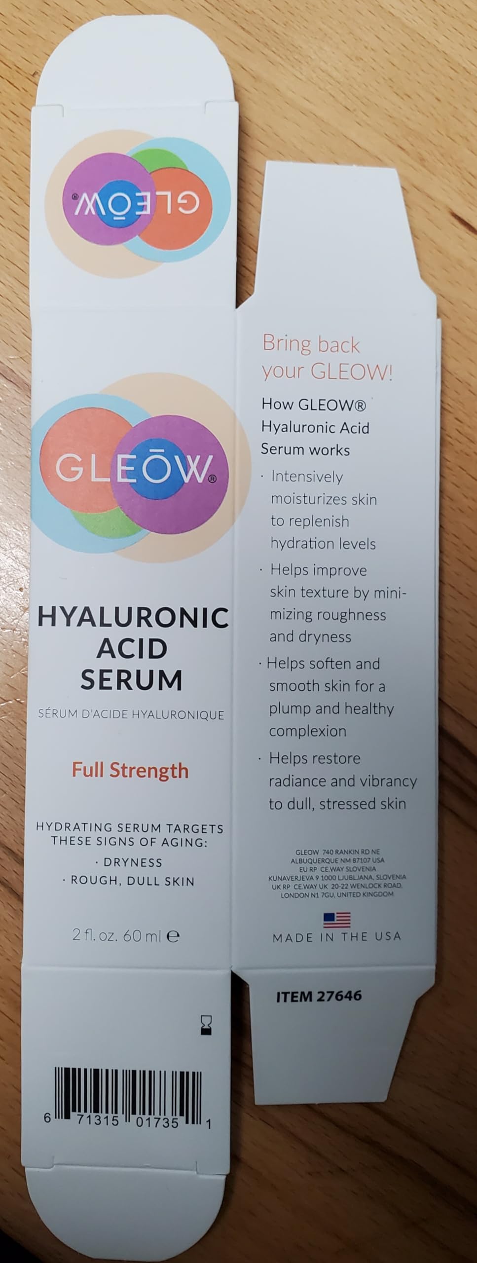 GLEOW sérum hyaluronique pure — fabriqué aux États‑Unis selon des normes strictes.