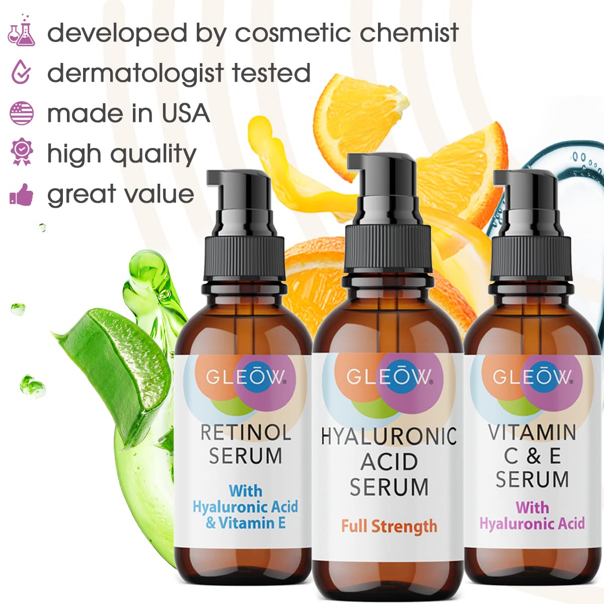 GLEOW sérum vitamine C visage et hyaluronique, éclat naturel