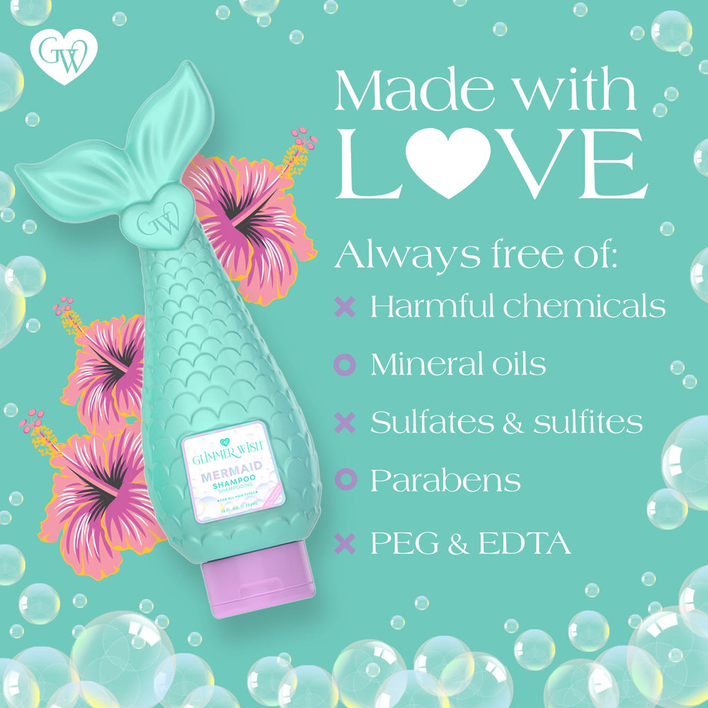 Glimmer Wish Mermaid Kids Shampoo: dermatologiquement testé et respect des animaux.