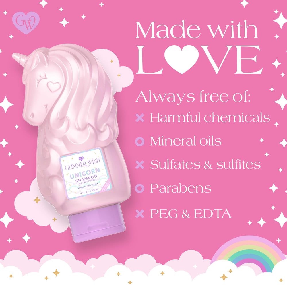 Shampoing Glimmer Wish Unicorn, bouchon anti-gaspillage et format pratique.