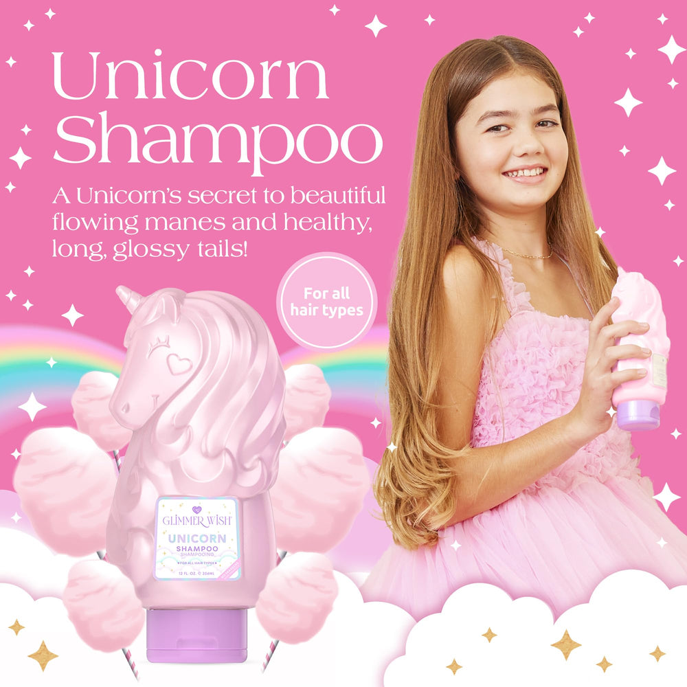 Shampoing Glimmer Wish Unicorn, mousse coco-rose douce pour nettoyer sans dessécher.