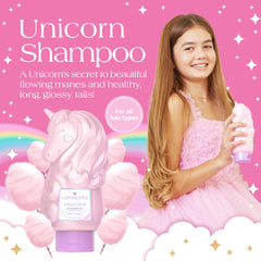 Shampoing Glimmer Wish Unicorn, mousse coco-rose douce pour nettoyer sans dessécher.