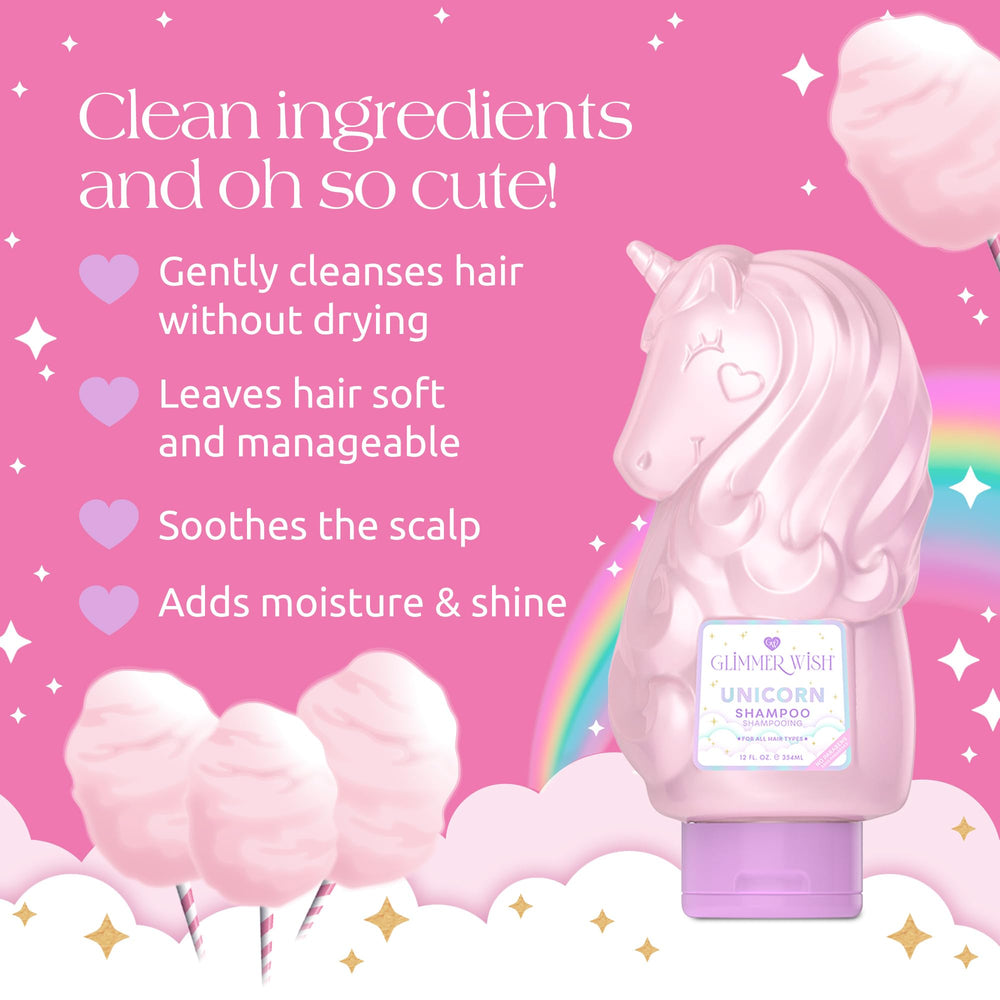 Shampoing Glimmer Wish Unicorn, parfum barbe à papa agréable pour l’heure du bain.