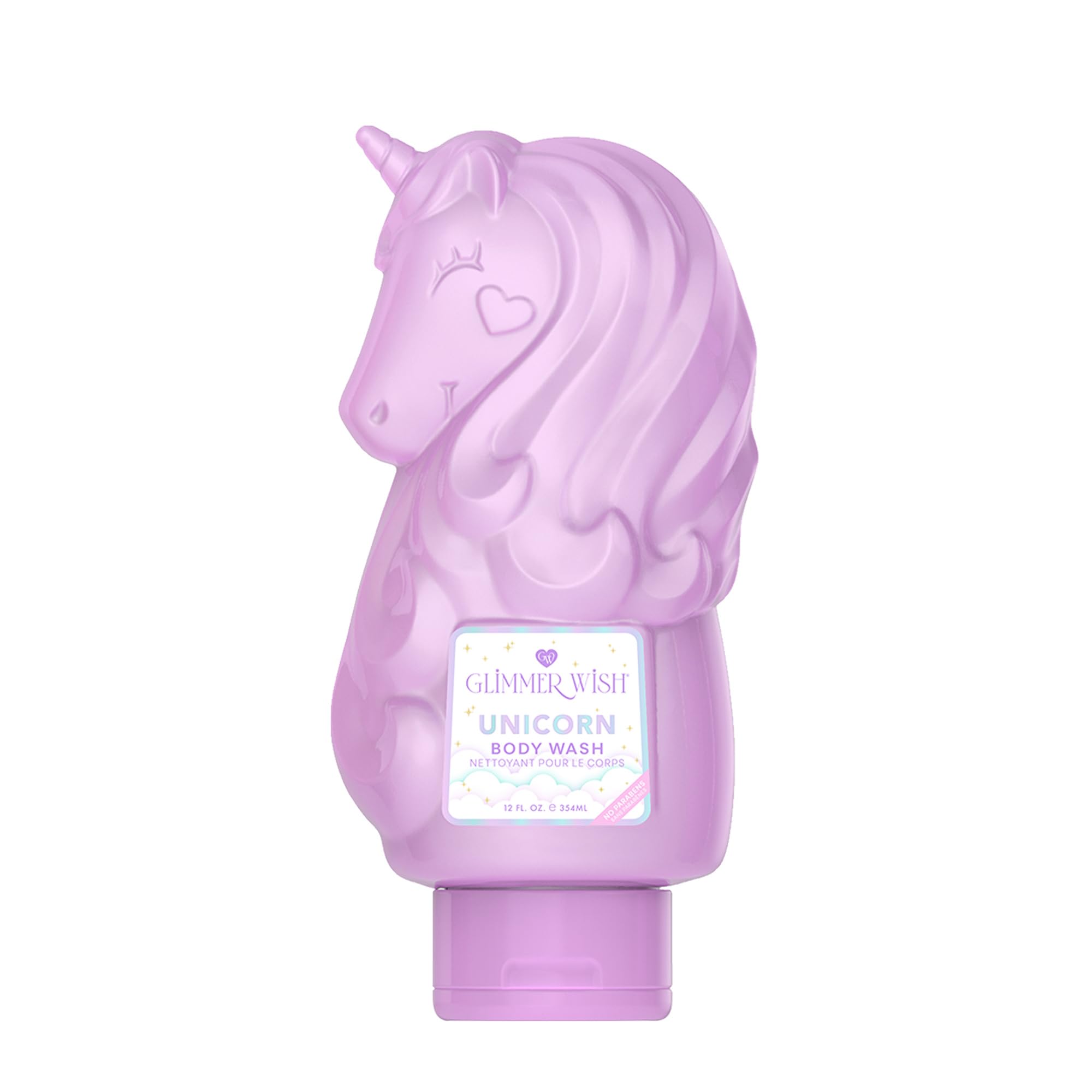 Glimmer Wish unicorn kids body wash bottle with lavender unicorn shape for gentle cleansing