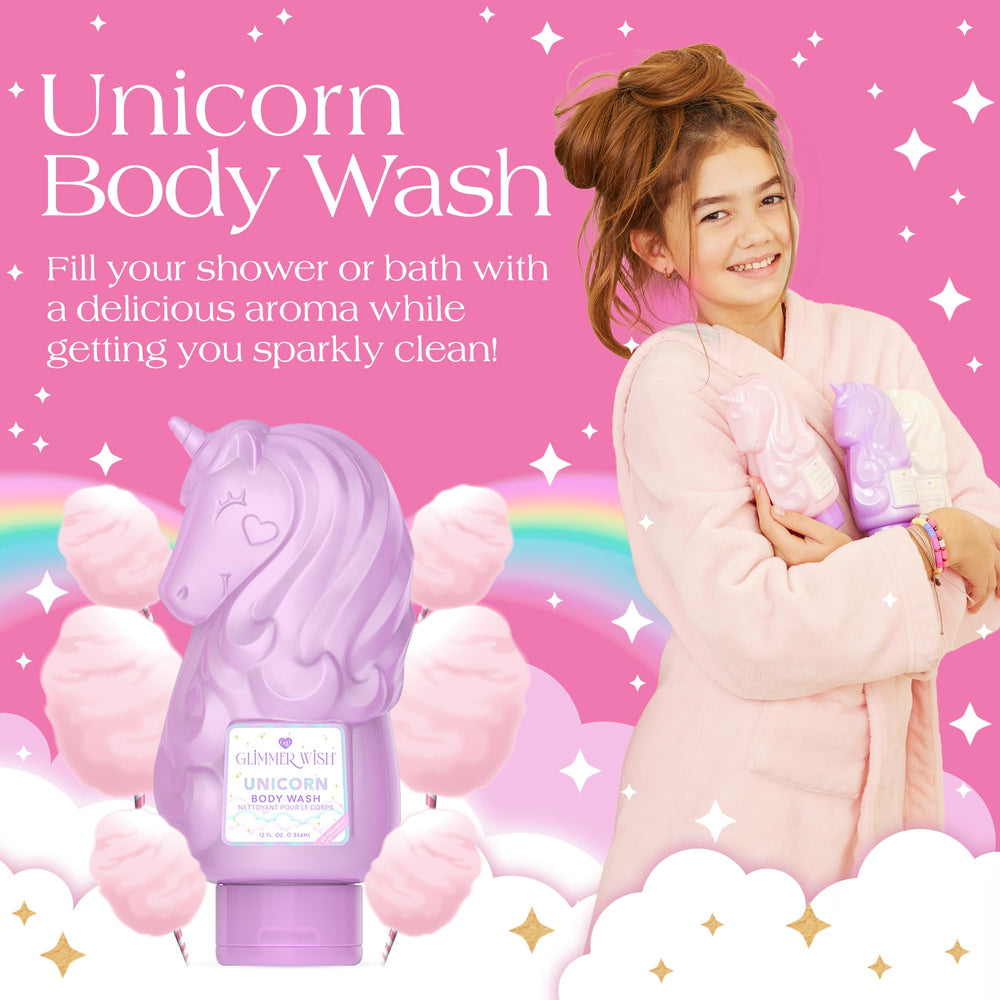 Glimmer Wish unicorn kids body wash with Vanilla Cotton Candy scent for playful baths