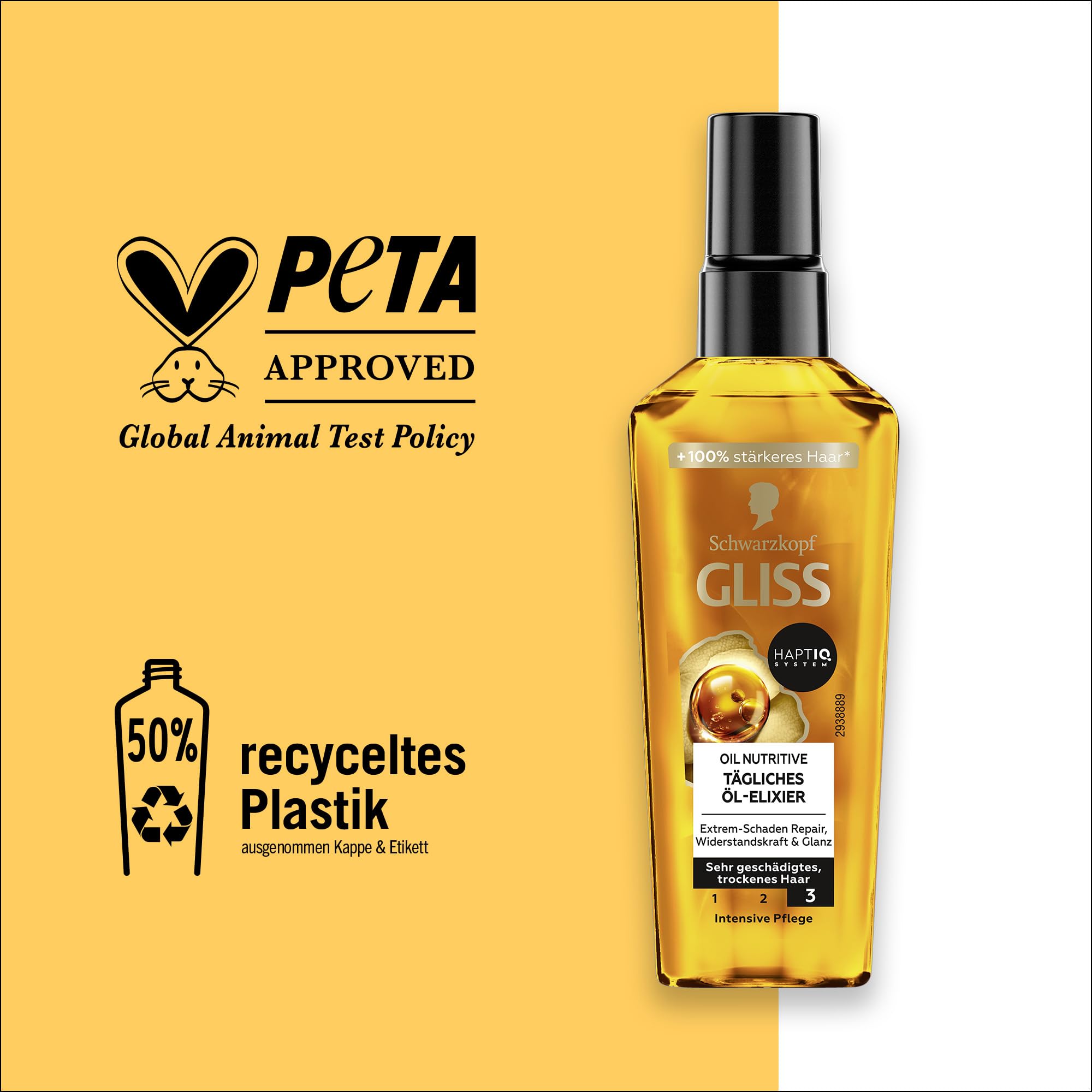 Flacon Gliss Kur Huile Cheveux Application Lisse sur longueurs, améliore la maniabilité.