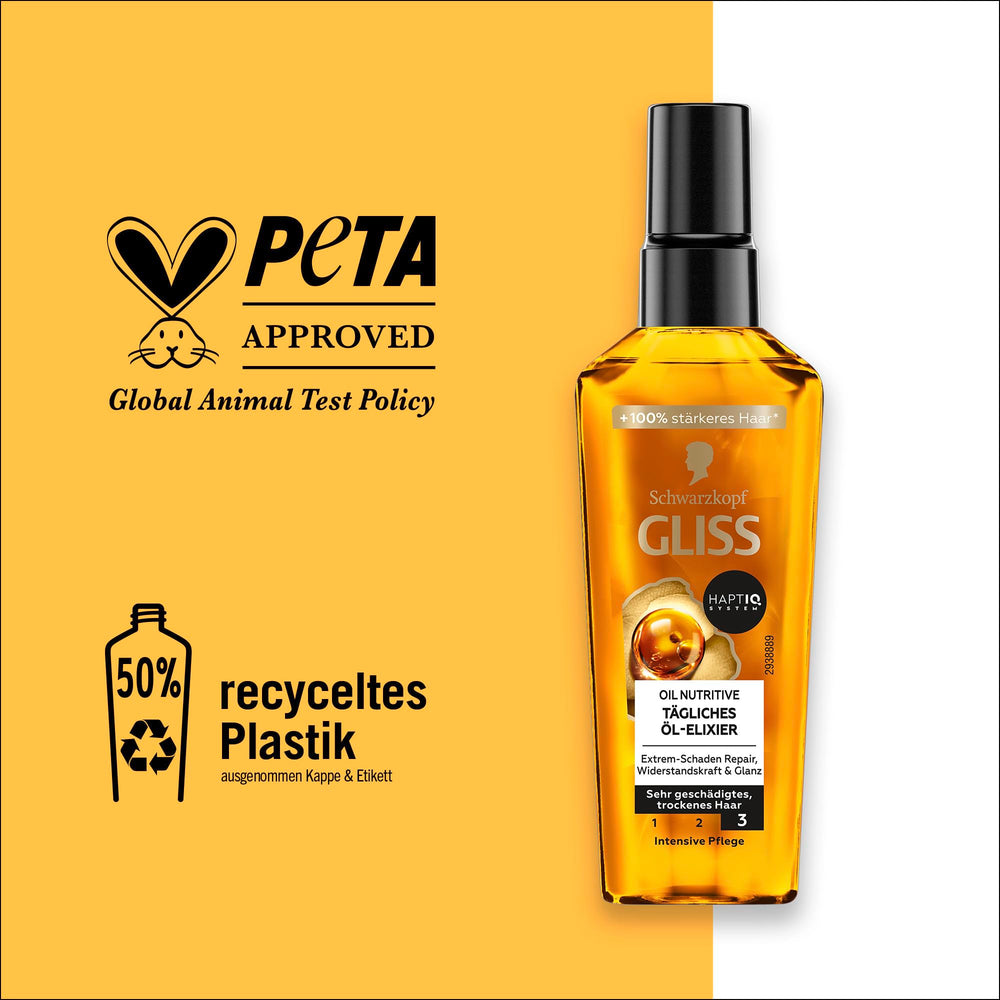 Flacon Gliss Kur Huile Cheveux Application Lisse sur longueurs, améliore la maniabilité.
