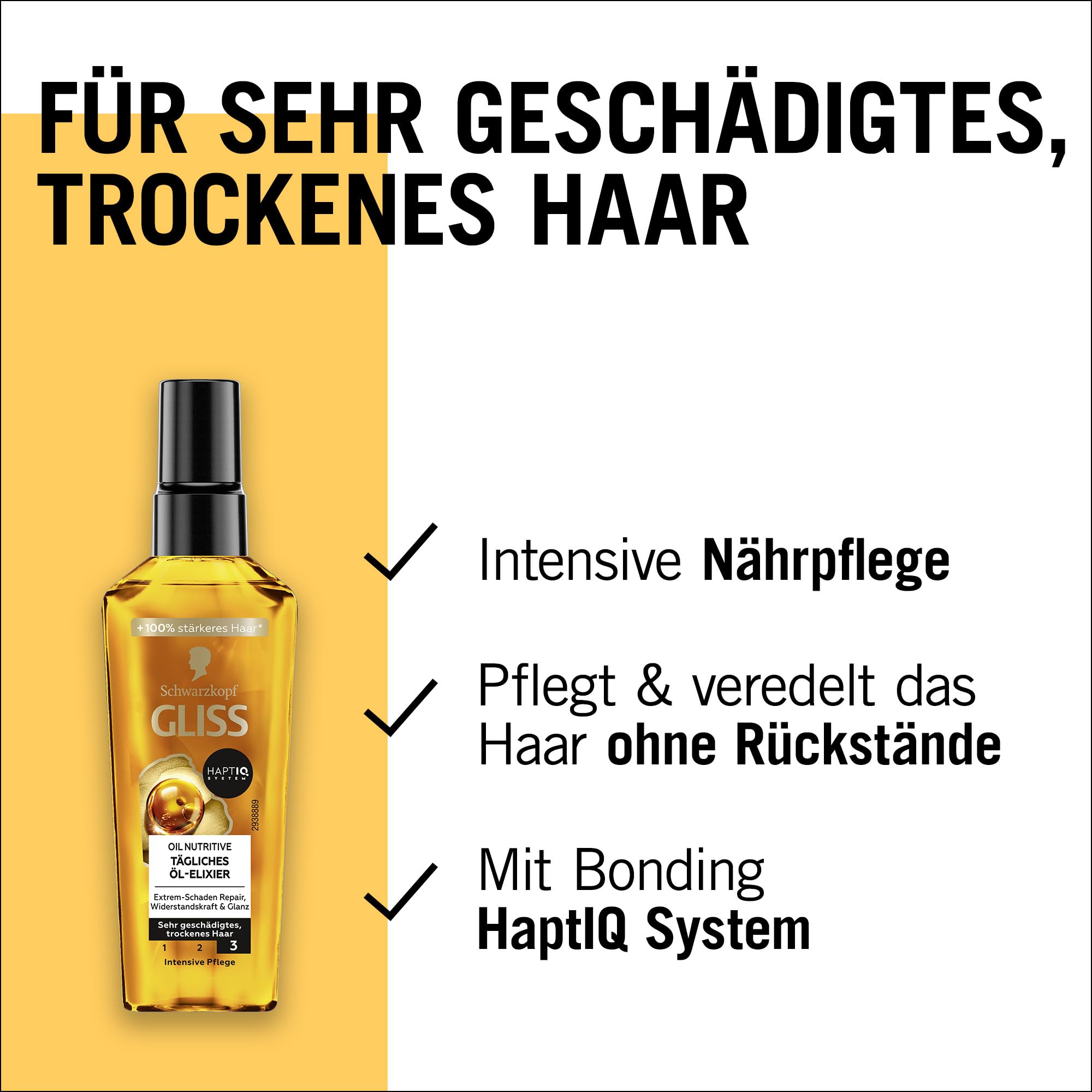 Flacon Gliss Kur Huile Cheveux Dommages Sans Résidu, rééquilibre la texture et assouplit les mèches.