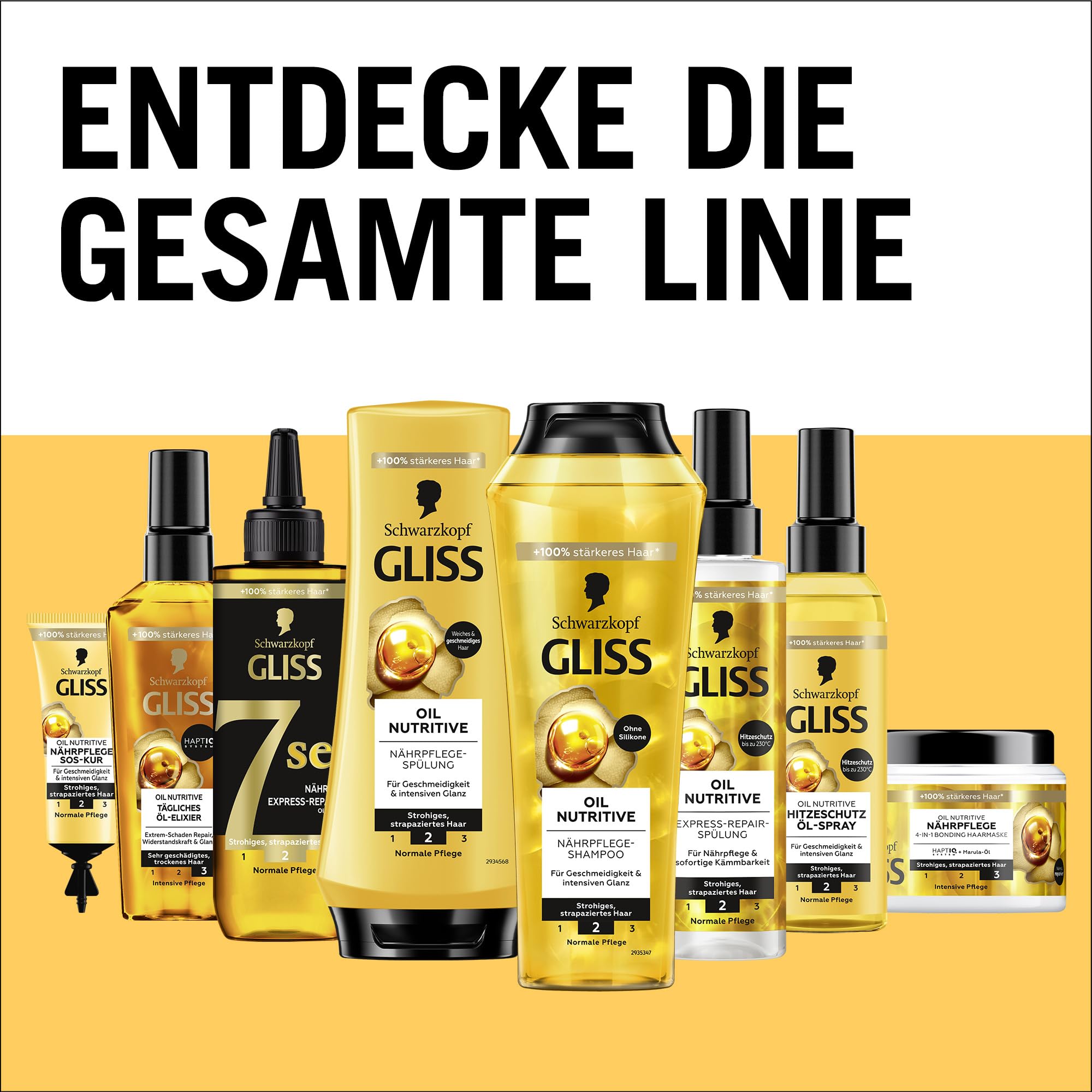 Flacon Gliss Kur Huile Cheveux Texture Lisse, laisse une chevelure soyeuse et légère.