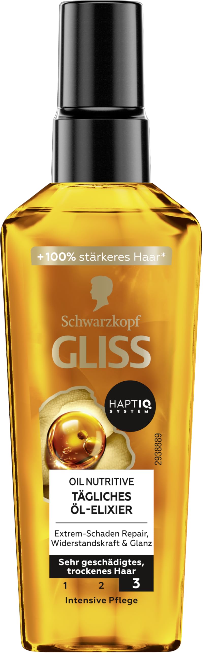 Gliss Kur Huile Quotidienne Elixir, flacon, apporte brillance et douceur sans résidu gras.