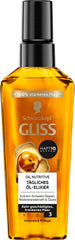 Gliss Kur Huile Quotidienne Elixir, flacon, apporte brillance et douceur sans résidu gras.