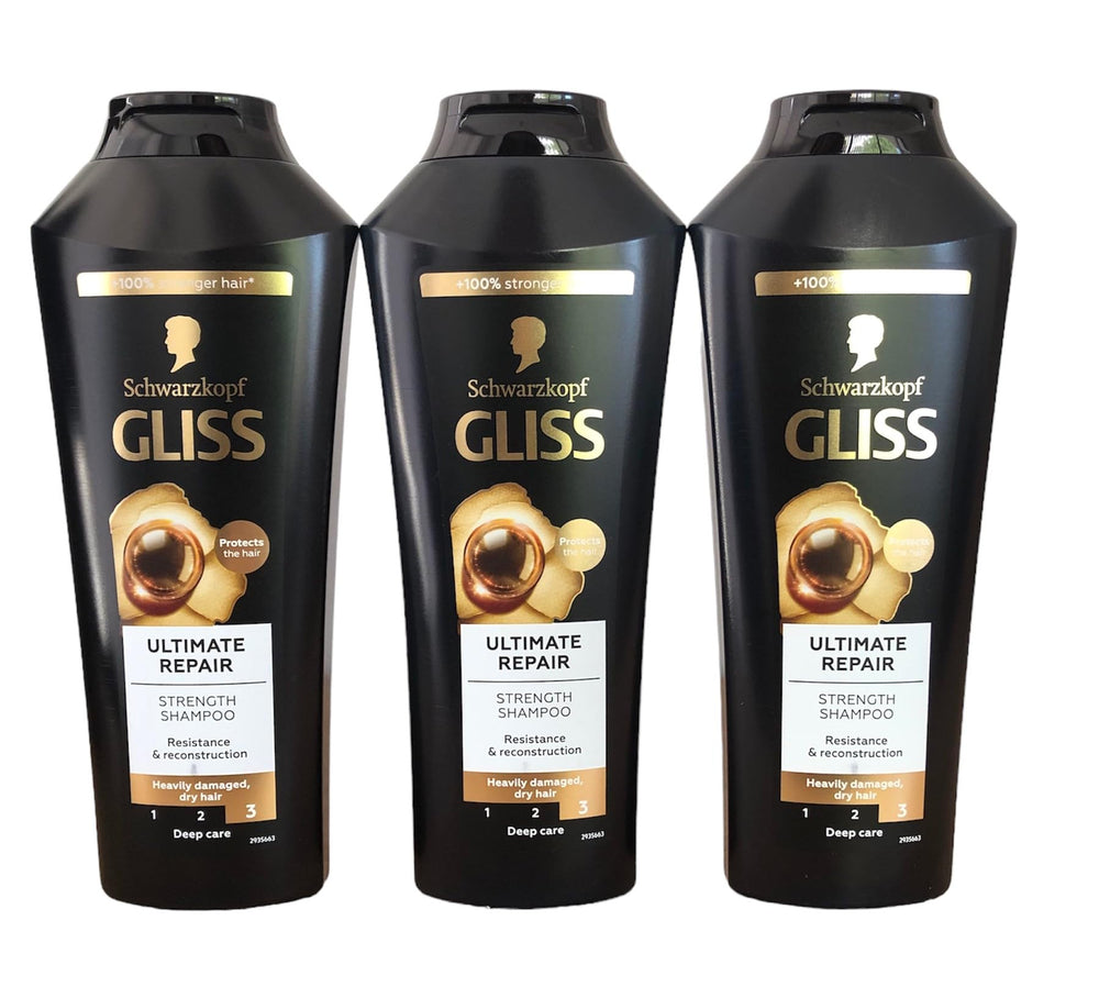 GLISS Shampoo cheveux brillants après réparation, montrant des mèches souples et lumineuses.