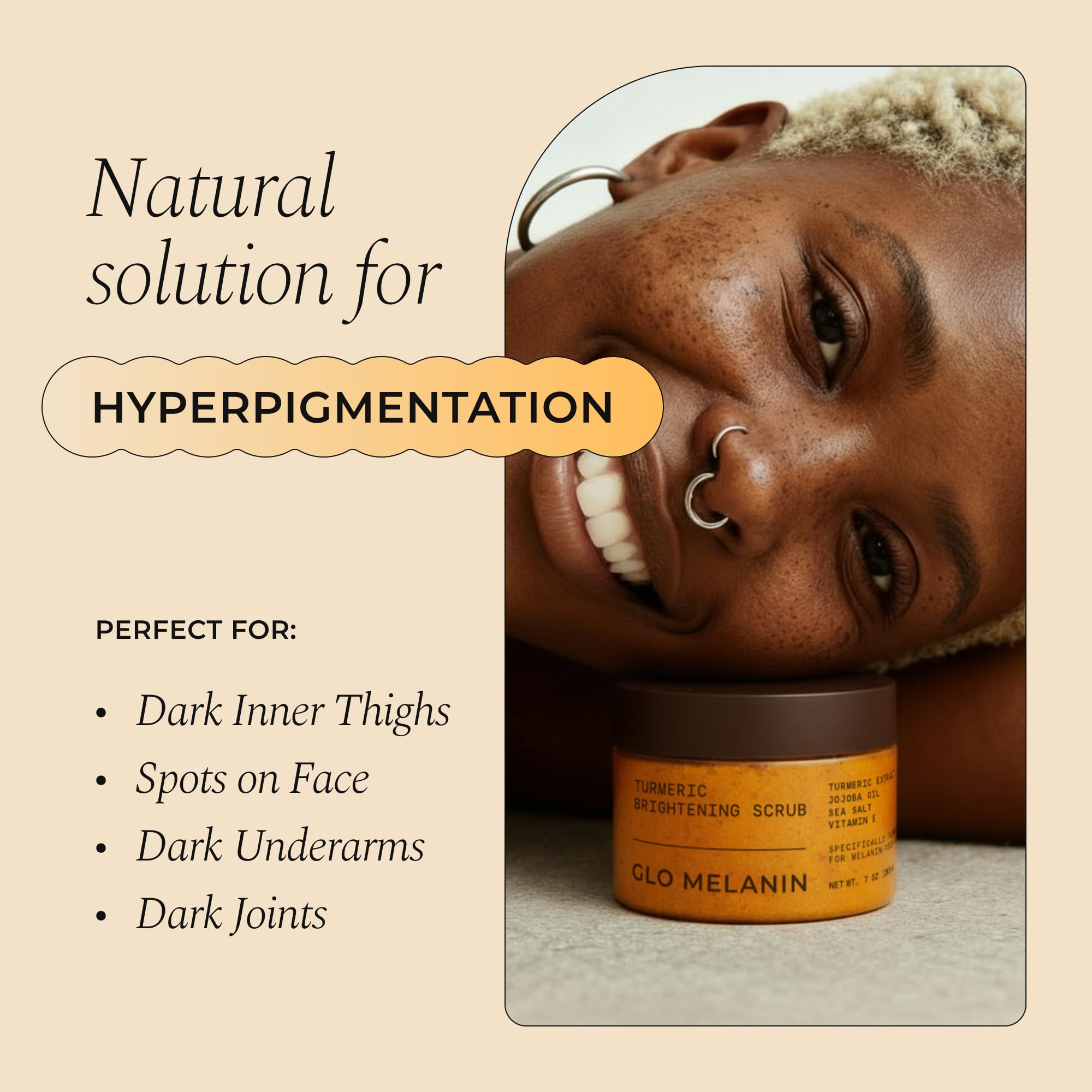 Glo Melanin gommage curcuma corps: peau lisse et tonifiée.