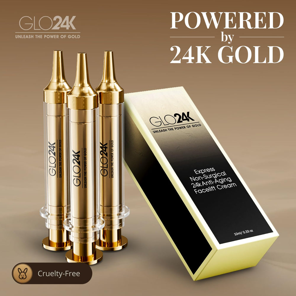 Emballage élégant GLO24K et flacon prêt à l'emploi.