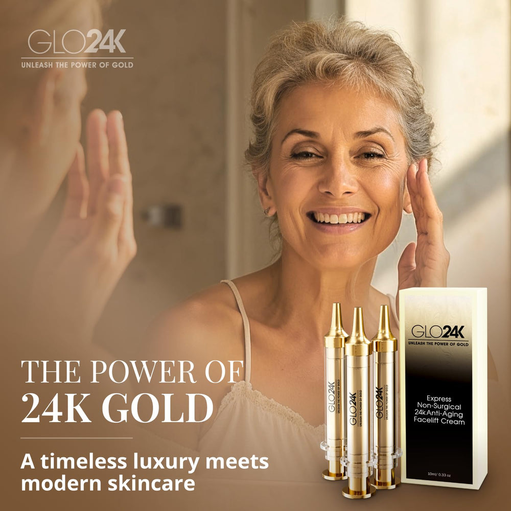 GLO24K hyaluronique et vitamines pour peau hydratée et éclatante.