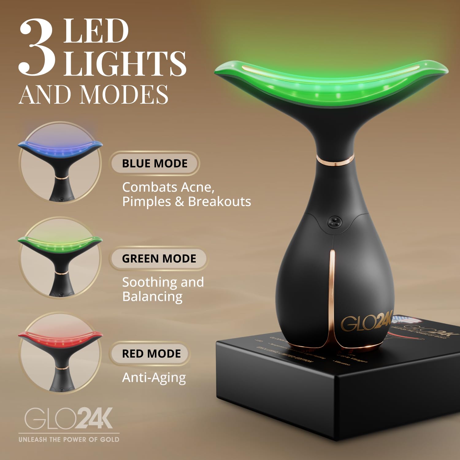 GLO24K massage visage vibration et lumière LED pour soin relaxant.