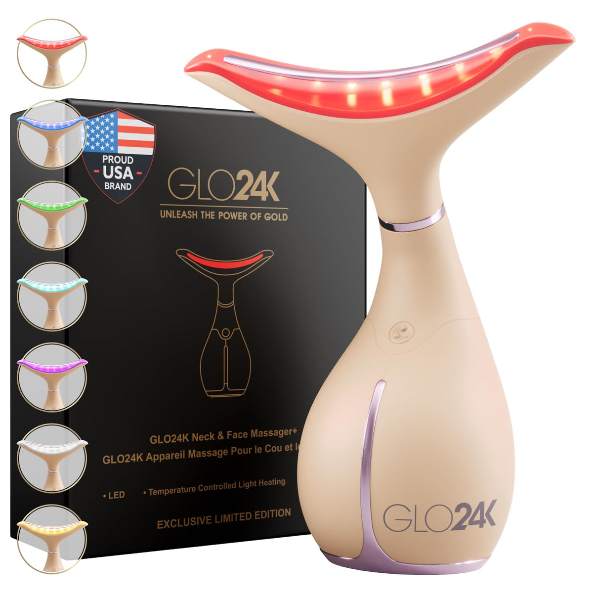 GLO24K visage lumière rouge : soin relaxant et peau lumineuse.
