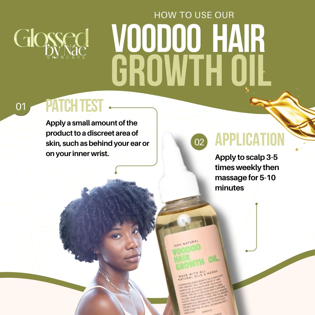Glossed by Nae Voodoo Hair Growth Oil, gouttes sur cuir chevelu, hydratation durable.