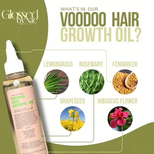 Glossed by Nae Voodoo Hair Growth Oil, ingrédients naturels en évidence sur l'étiquette.
