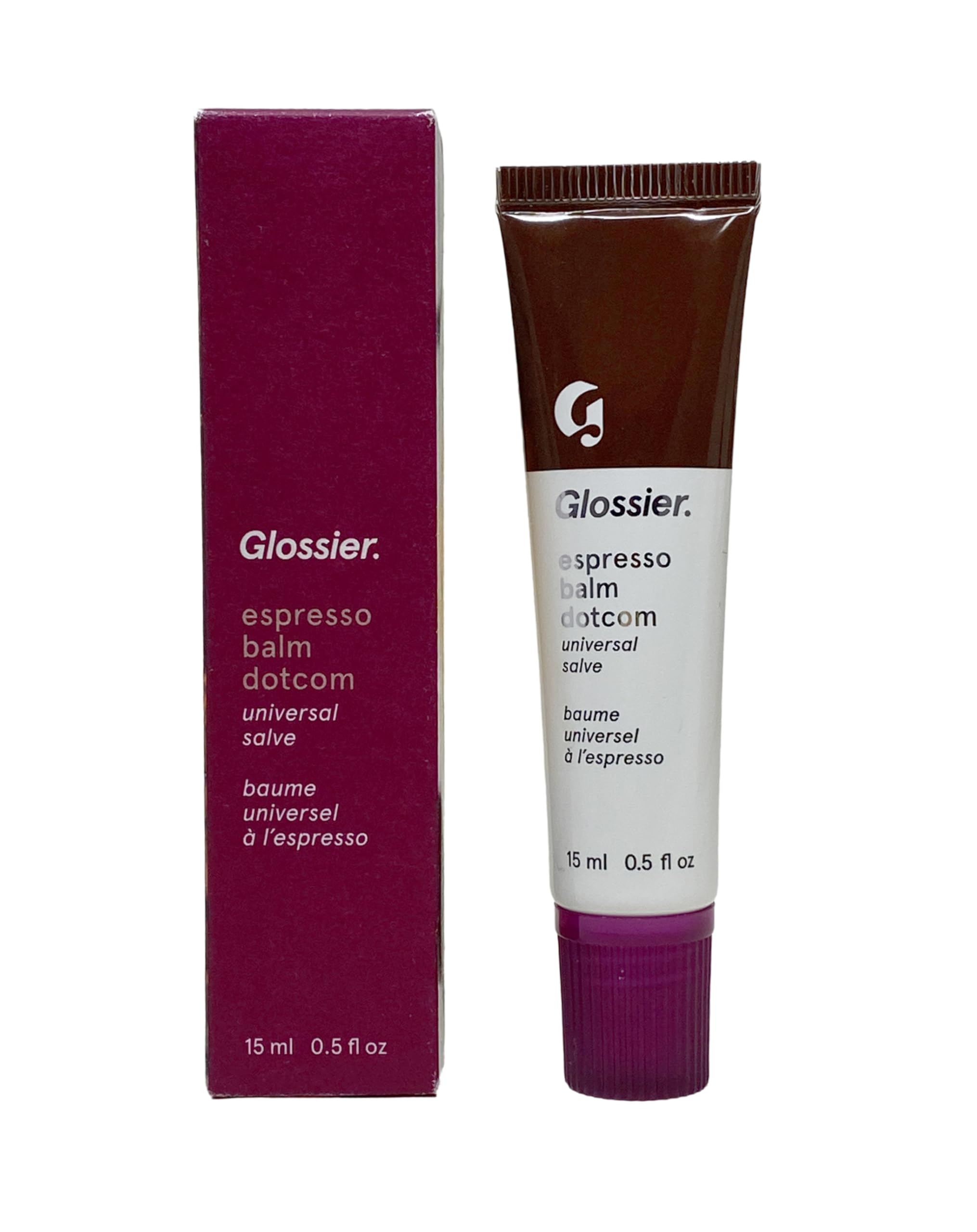 Glossier Balm Dotcom Espresso, flacon 15 ml, hydratation durable des lèvres.