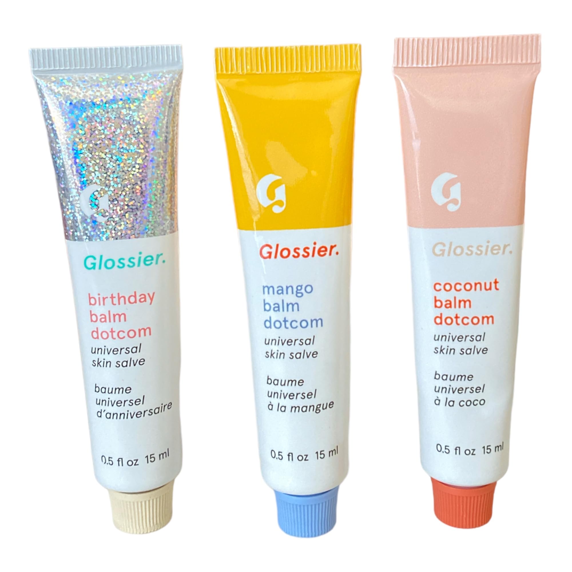 Baume Glossier Balm Dotcom Trio Mangue teint pêche, fini subtil sur les lèvres
