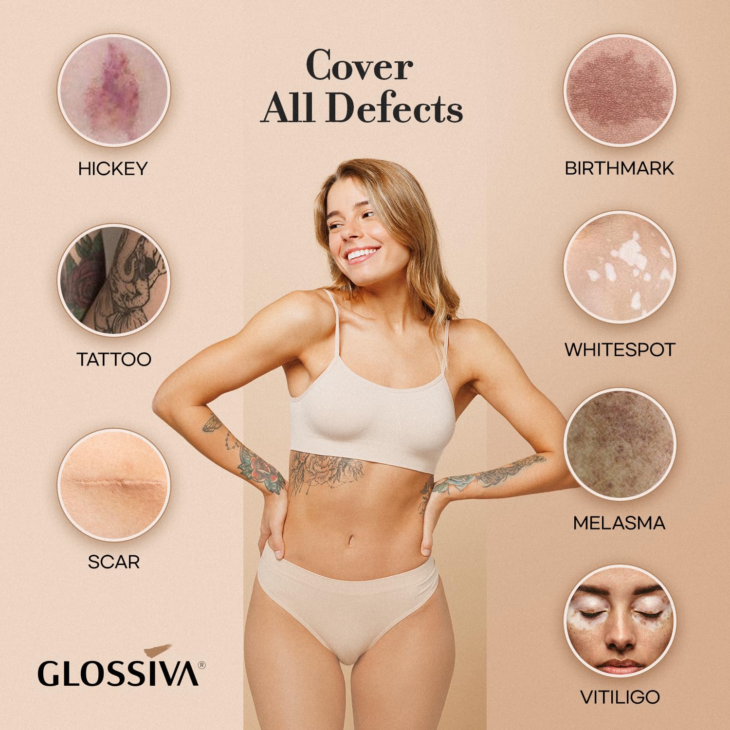 Glossiva correcteur tatouage couverture immédiate et naturelle sur peau.