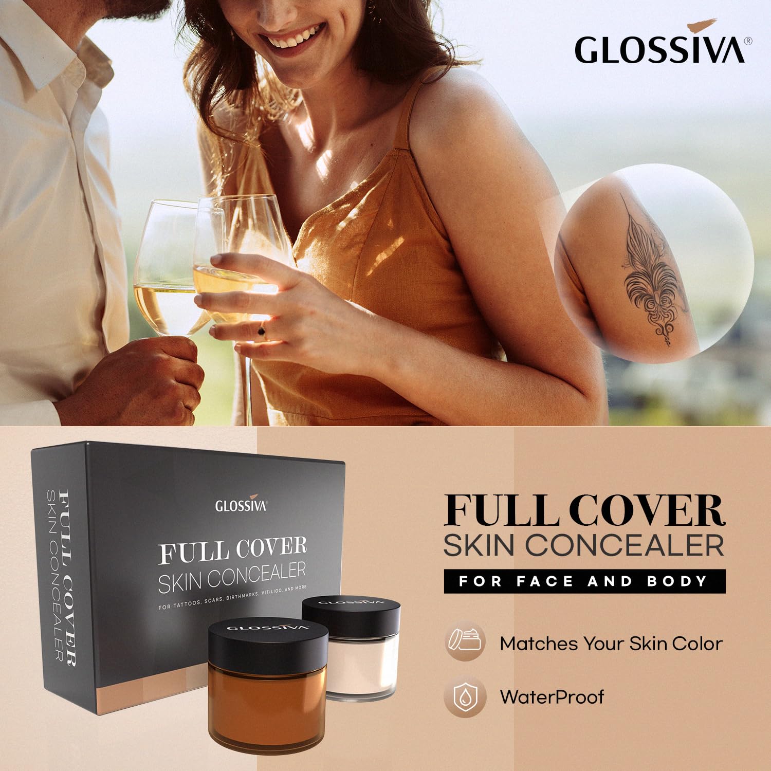 Glossiva couverture taches sombres et vitiligo avec teinte harmonisée.