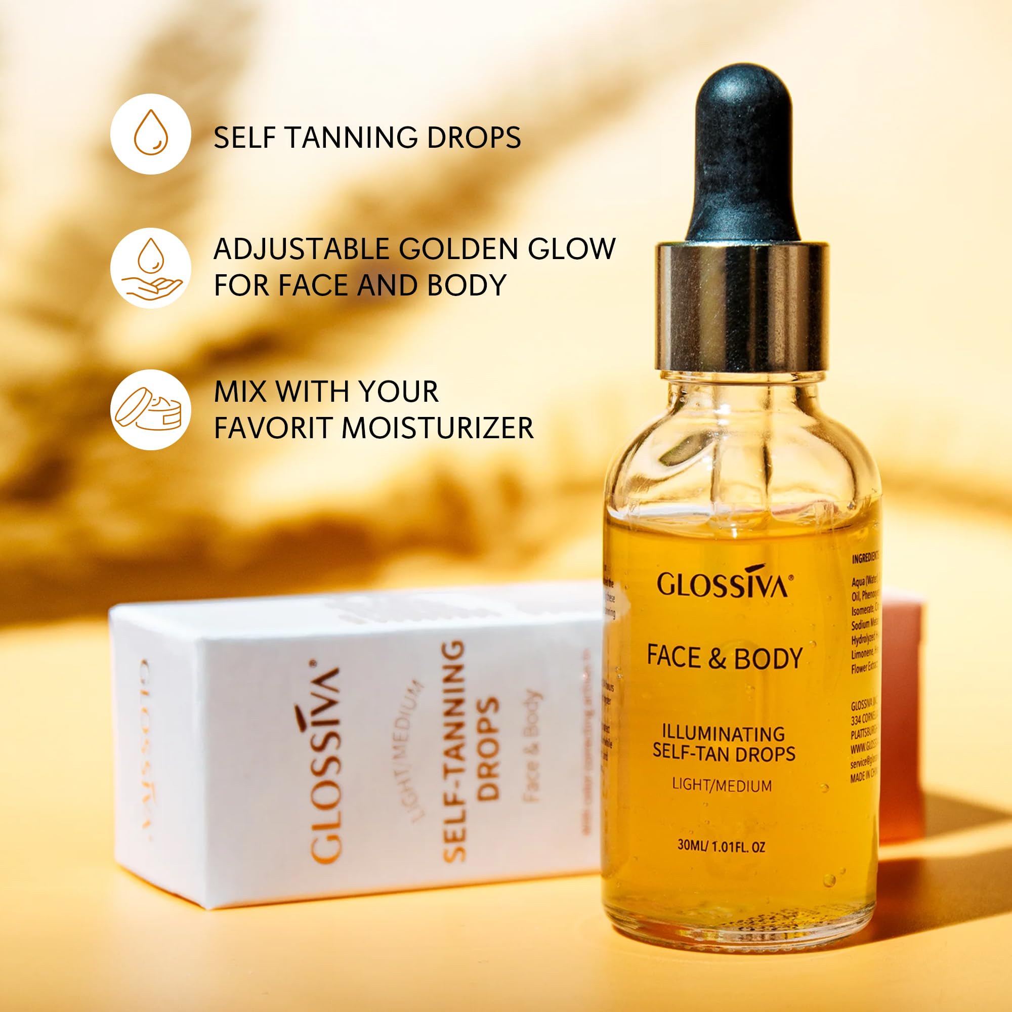 Glossiva Gouttes Auto-Bronzantes – Application sur peau propre pour teint lisse et uniforme.