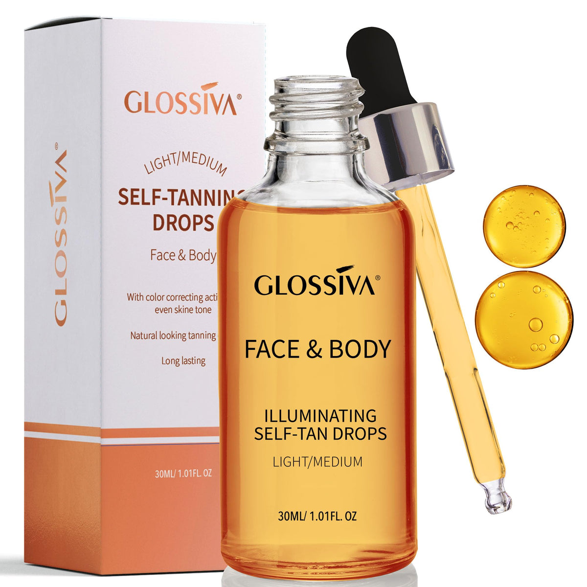 Glossiva Gouttes Auto-Bronzantes – Bouteille en verre avec pipette, dosage précis pour application douce.