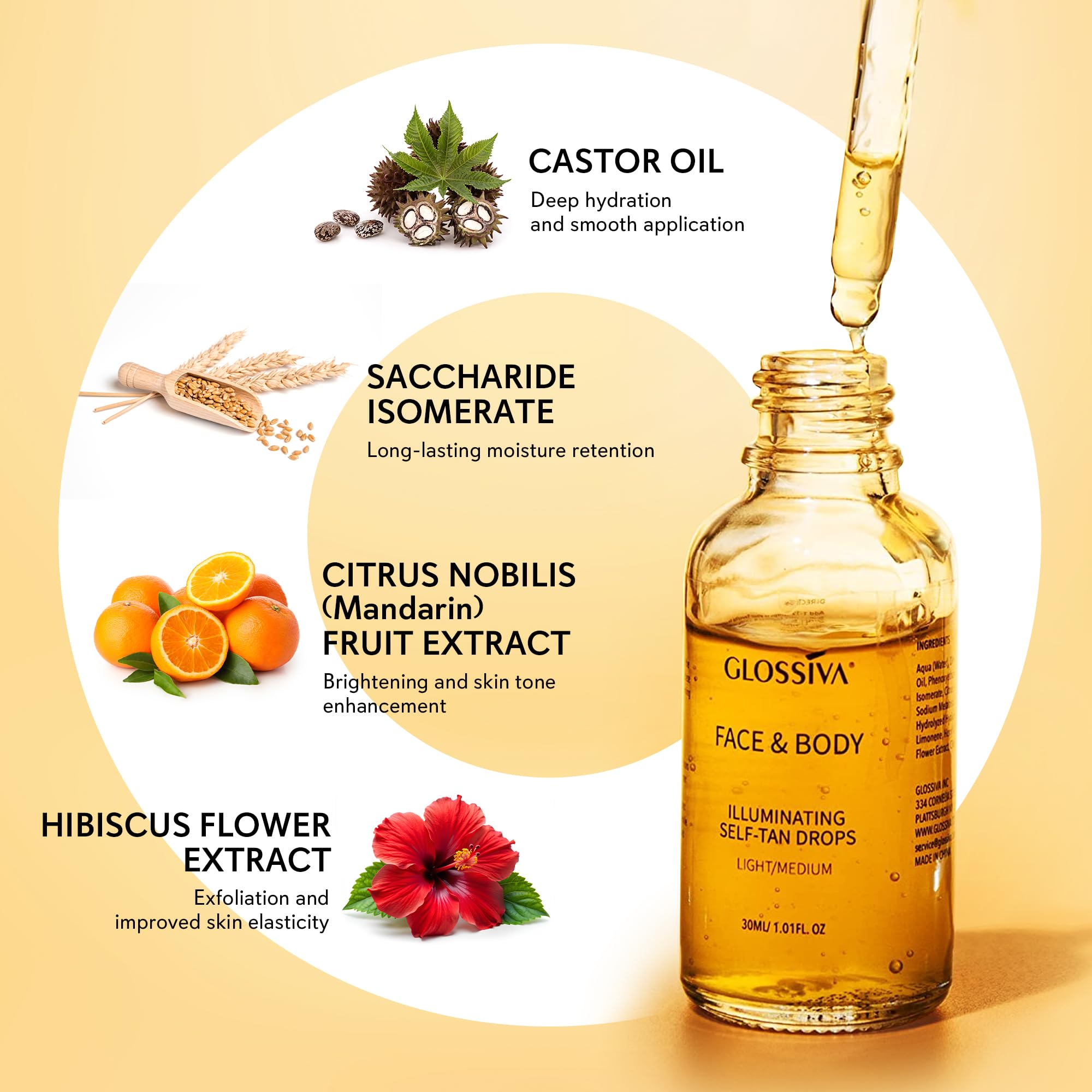 Glossiva Gouttes Auto-Bronzantes – Teinte naturelle progressive pour un bronzage subtil.
