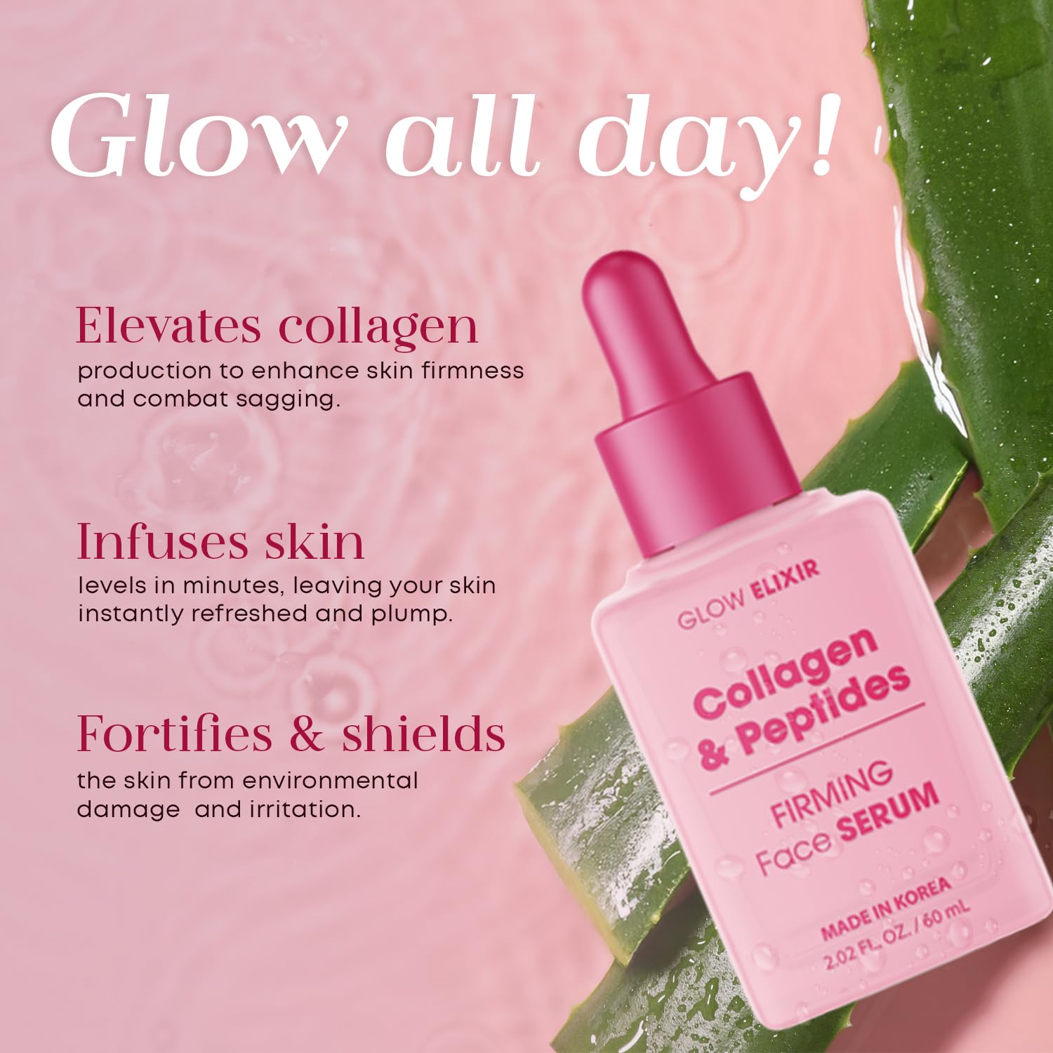 Glow Elixir Bouteille du sérum avec pompe — emballage élégant et pratique.