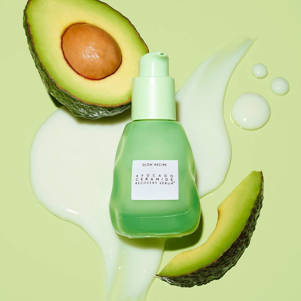 Glow Recipe Avocado Ceramide Serum, flacon pompe, atténuation possible des rougeurs liées à la déshydratation.
